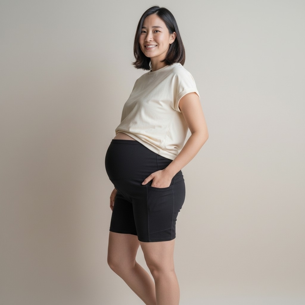 Hofish Maternity Black Stretch Side Pockets 6" Full Panel Bike Shorts Small